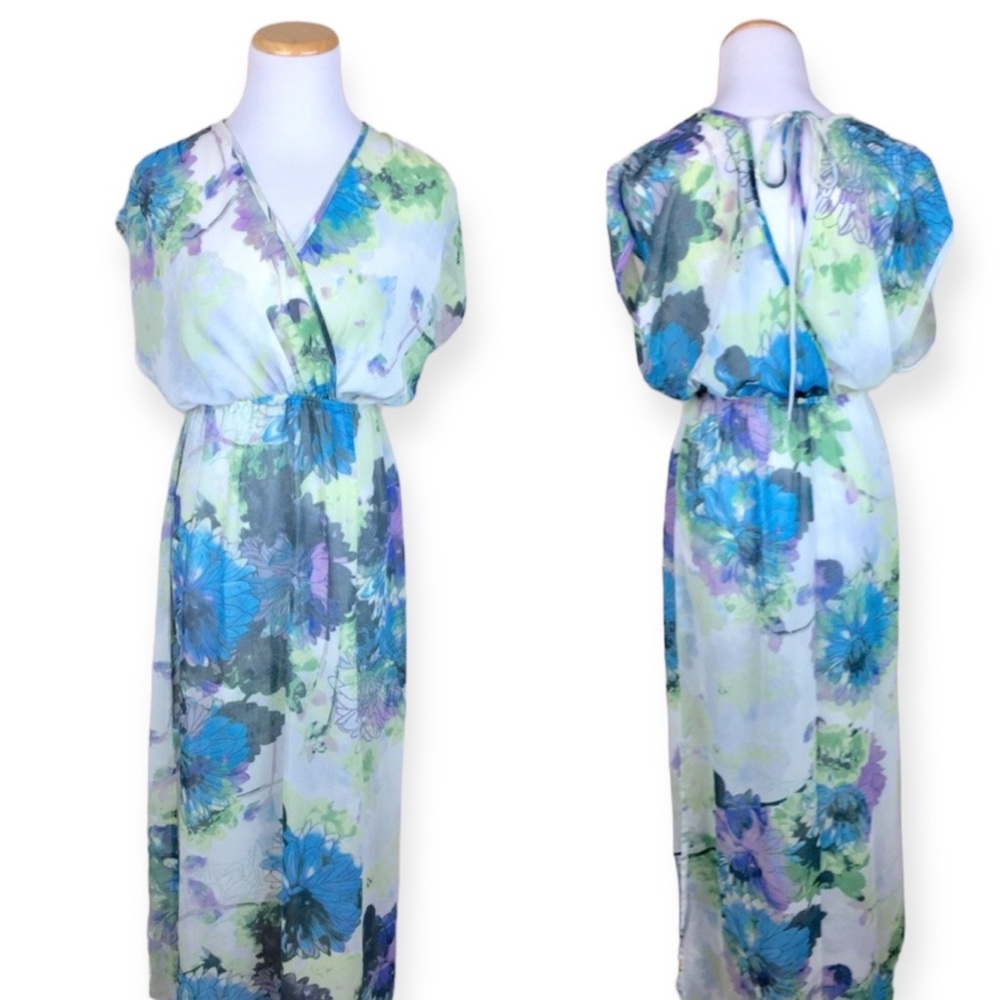 FOREVER 21 Spring Sheer Watercolor High Slit Maxi Dress Grecian Floral SMALL